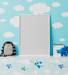 poster frame mock up in children's room with blue wall with clouds, chest of drawers with planes print, penguin soft toy, plane toy, 3d rendering