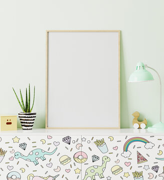 poster frame mockup in children's room standing of chest of drawers with funny kids print, with light green wall on background, 3d rendering
