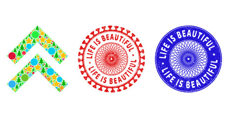 Shift up collage of New Year symbols, such as stars, fir trees, bright spheres, and LIFE IS BEAUTIFUL dirty seals. Vector LIFE IS BEAUTIFUL seals uses guilloche ornament,
