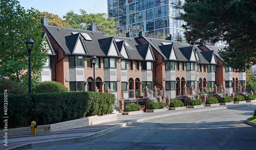 Sticker modern urban residential street with townhouses and apartment building