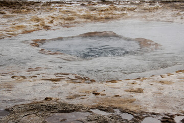 Strokkur Geyser beginning to churn before erupting, Geysir, Iceland
