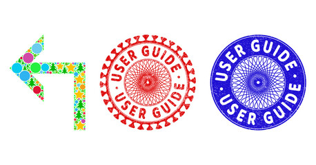 Turn left mosaic of New Year symbols, such as stars, fir-trees, colored round items, and USER GUIDE dirty seals. Vector USER GUIDE stamp seals uses guilloche ornament, designed in red and blue colors.