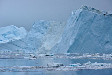 A small fishing boat cruises among enormous icebergs in Disko Bay out of Ilulissat, Greenland.