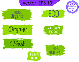 Vegan, ecology, organic logos and badges, label, healthy food icons, labels. Organic tags. Natural product elements. Bio green logo or sign.