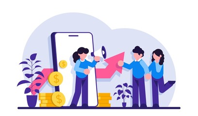 Refer a friend modern illustration concept. Businesswoman shout on megaphone with refer a friend words, can be used for landing pages, template, ui, web, mobile app, poster banner or flyer.