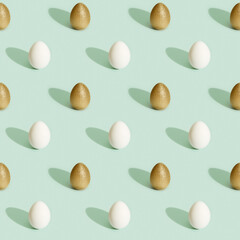 Easter pattern with bright eggs, shiny golden colored and white eggs. Easter print.