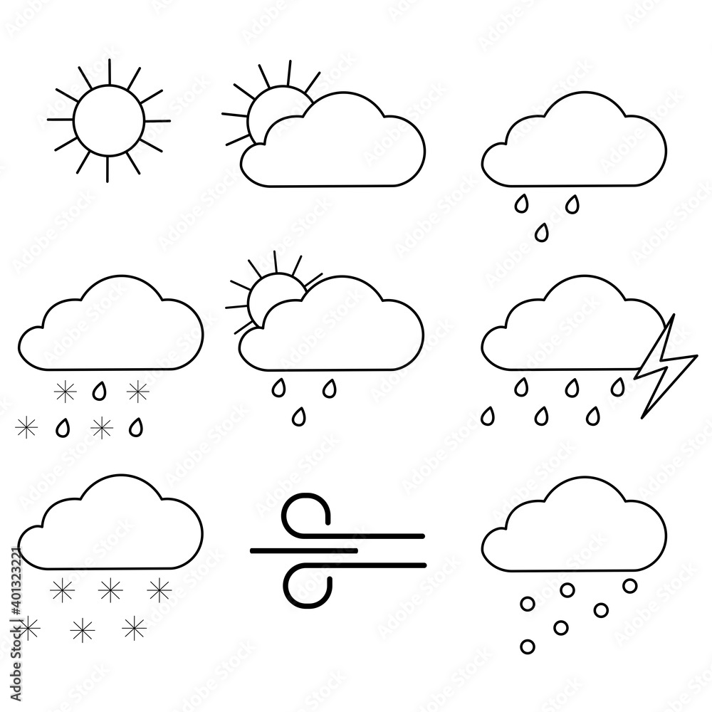 Poster weather icons black in sketch style. weather forecast widget. set for report design. stock image. ep