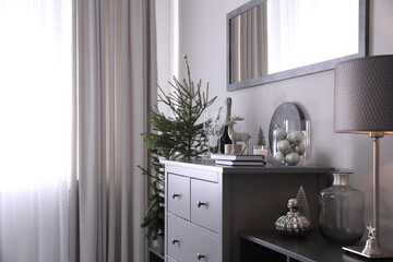 Beautiful room interior decorated for Christmas with potted fir