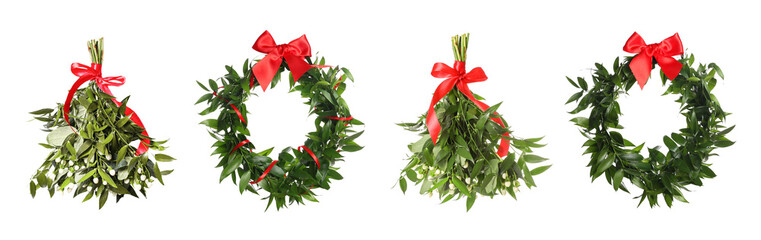Naklejka premium Set with mistletoe bunches and wreaths on white background, banner design. Traditional Christmas decor