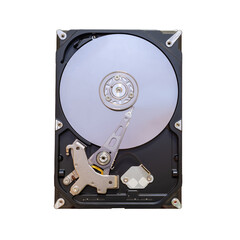 Close up inside of computer hard disk drive HDD isolated on white background