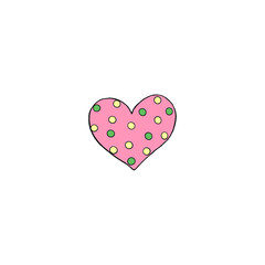 Simple hand drawn decorative heart isolated on white background. Pattern of dots and lines, pink green and yellow. Hello spring. happy Easter. Design element