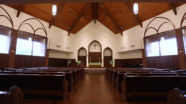 Empty Church Chapel From Back Tilt Down