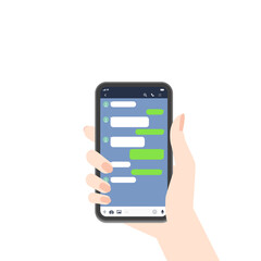 スマートフォン・メッセージアプリイメージ素材：スマホを持つ女性の手とトーク画面