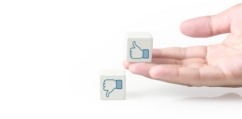 Concept creative idea innovation. cube block in hand with symbol