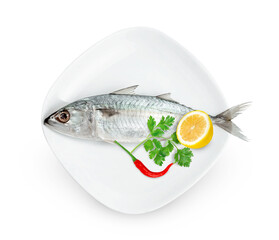 Fresh mackerel fish with dish isolated on white background ,include clipping path
