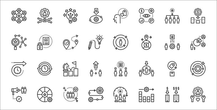 set of 32 sustainable competitive thin outline icons such as service, volume, process, marketing, quality, strategy, share, image, proprietary