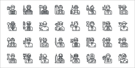 set of 32 professions and occupation thin outline icons such as disc jockey, singer, doctor, technician, chemist, artist, delivery man, salesman, ceo