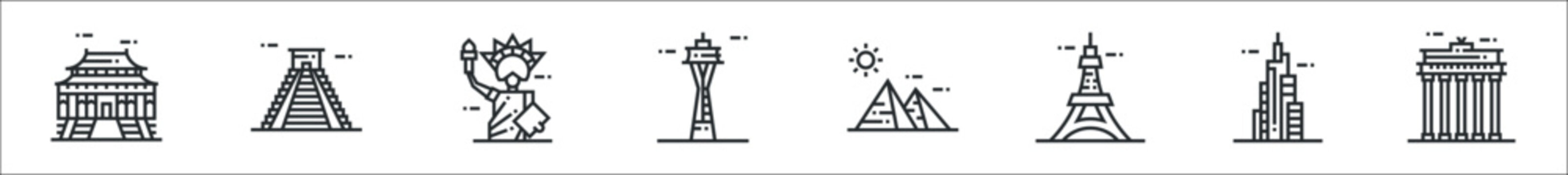 set of 8 world landmarks thin outline icons such as forbidden city, chichen itza, statue of liberty, space needle, pyramids, eiffel tower, burj khalifa, brandenburg gate