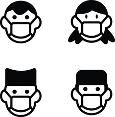 4 People face with flu mask icon symbol, Concept for flu sickness and wearing medical mask to prevent the spread of virus germs, Isolated on white background, Outline design vector illustration