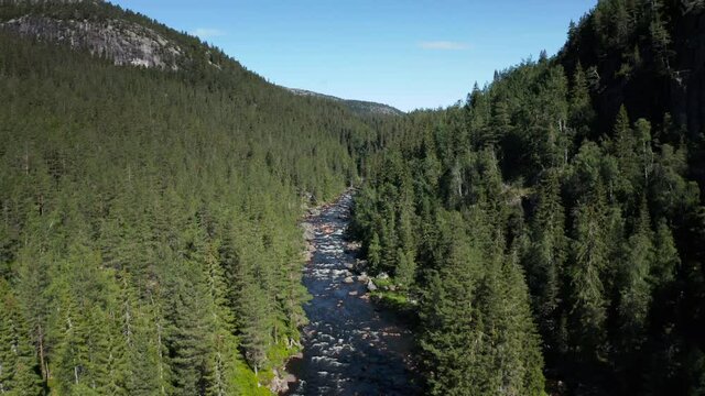 Aerial view overlooking rapids, up in the Westfjords valley, near the RjukanFossen waterfall, sunny, summer day, in South Norway - dolly, drone shot
