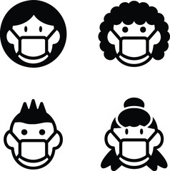 Media Icons Man and Woman in medical face protection mask. Vector icon of depressed and tired people wearing protective surgical mask