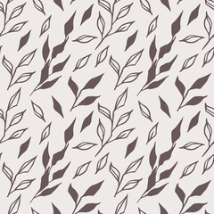 Seamless, endless pattern with hand-drawn scribbles of branches and leaves on a white background. Perfect for wrapping paper or room's decor, vector illustration