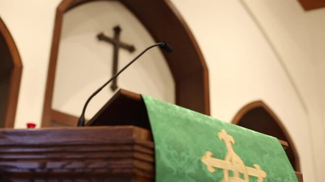 Empty Church Pulpit Rack Focus Cross To Microphone