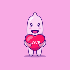 Cute condom character hugging love balloon 