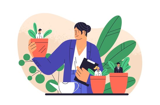 Boss Cultivate Potted Plant With Business People Isolated. Mentoring And Growing Employees Vector Flat Illustration. Concept Of Human Resource Management, Supervise, Professional Growth And Career