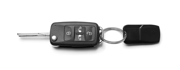 Modern car flip key with trinket isolated on white, top view