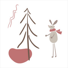 Hand drawn doodle Merry Christmas card. Bunny and Christmas tree