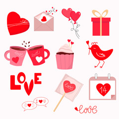 Set for valentines day. Box with gifts, lettering, cupcakes and candies, red hearts. Set for decorative use. Vector illustration isolated on white background.