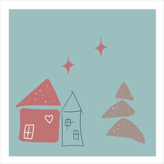 Hand drawn doodle Merry Christmas card. Winter houses and a Christmas tree.