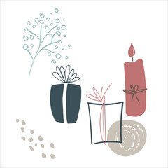 Hand drawn doodle Merry Christmas card. Various gifts and a candle