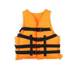 Orange life jacket isolated on white. Personal flotation device