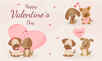 Happy Valentine's Day with cute dogs kiss and Character dogs are in love greeting card. The dog is shy and smiling in love. Vector illustration card with cute cartoon little Valentine. 