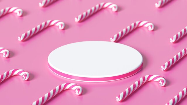 Minimal Christmas Candy And Podium On Sweaty Pink Background For Packaging And Branding Presentation, Product Display With Christmas Candy Cane. Realistic Rendering. 3d Illustration