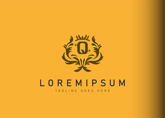 Heraldic initial letter Q logo design. Vector illustration of elegant floral initial letter Q icon design. Modern logo design with emblem style.