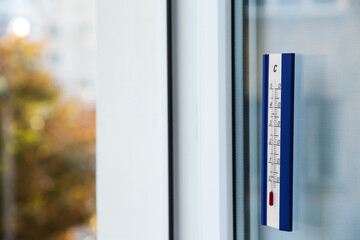 Weather thermometer on outside window. Space for text
