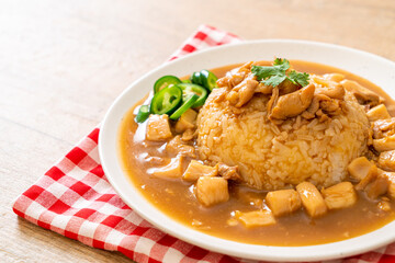 Chicken in brown sauce or gravy sauce with rice