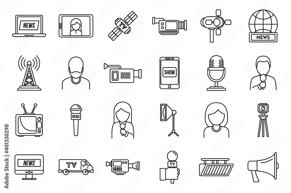 Poster tv presenter interview icons set. outline set of tv presenter interview vector icons for web design 