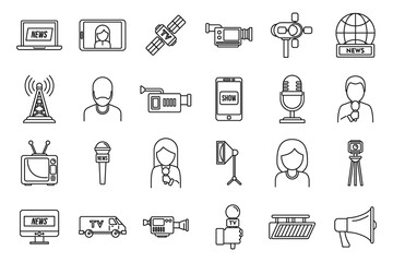 TV presenter interview icons set. Outline set of TV presenter interview vector icons for web design isolated on white background
