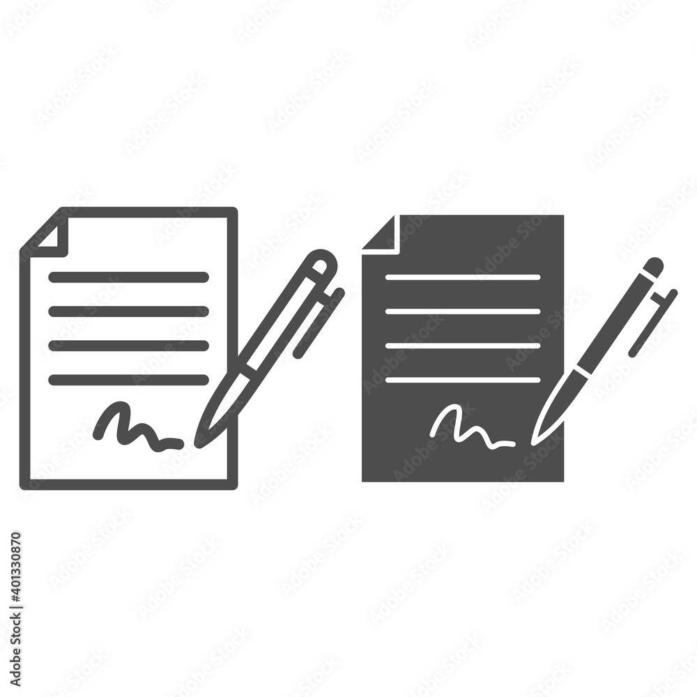 Poster forged signature line and solid icon, black bookkeeping concept, fake contract sign on white backgro
