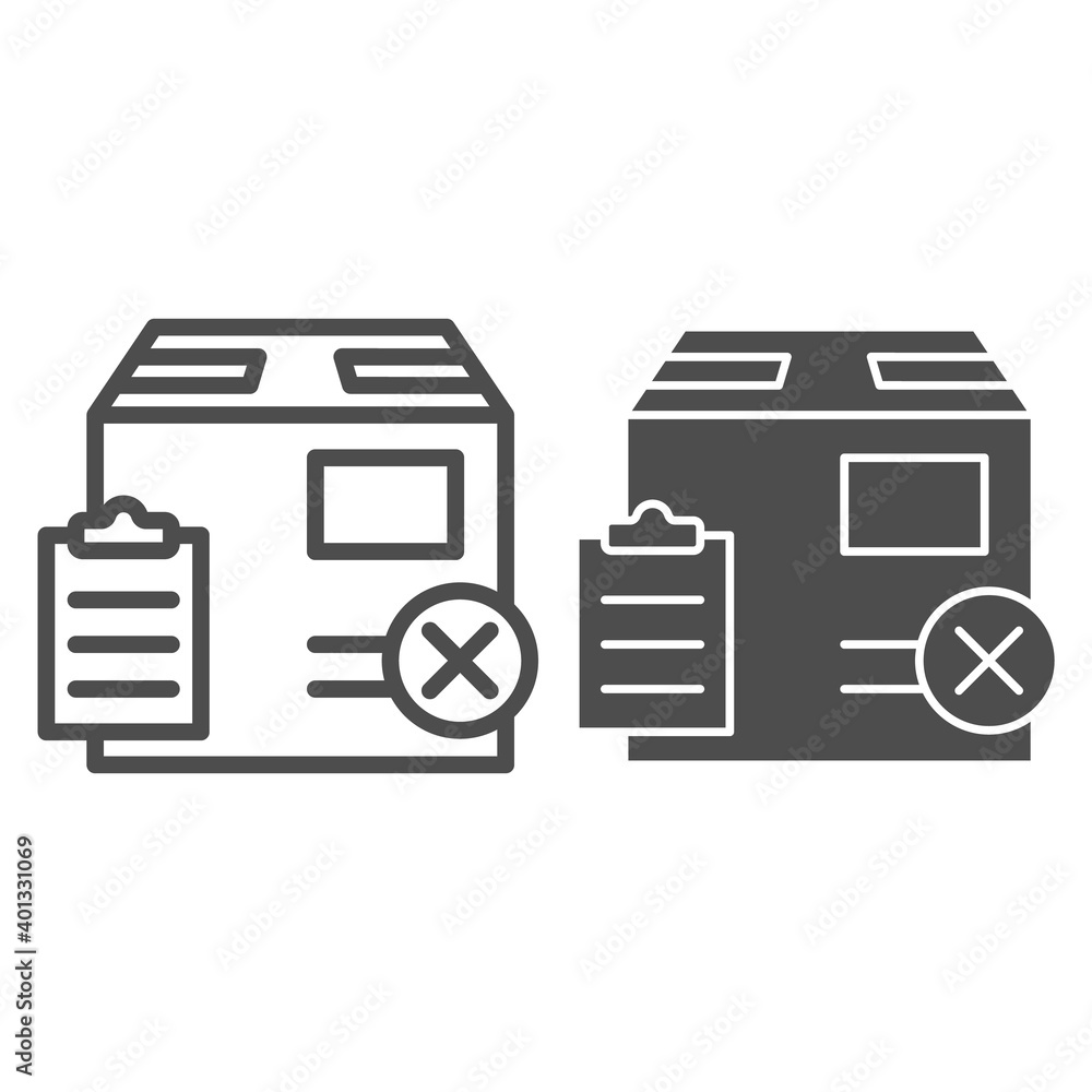 Poster parcel box with report and cross line and solid icon, black bookkeeping concept, fake delivery sign 