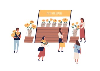 Street kiosk with fresh cut flowers vector flat illustration. Woman vendor sell garden plants at stall at outdoor fair or market isolated. Customers walk and buy natural seasonal bouquets