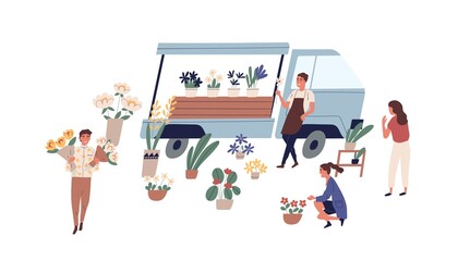 Male florist vendor in apron selling flowers from van at local market vector flat illustration. Man and woman customers walking and buying potted houseplants and bouquets. Outdoor floristic fair