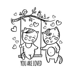 YOU ARE LOVED Valentine Day Kitten And His Girlfriend Resting In The Nature In Valentine Day Cartoon Hand Drawn Monochrome Vector Illustration For Print