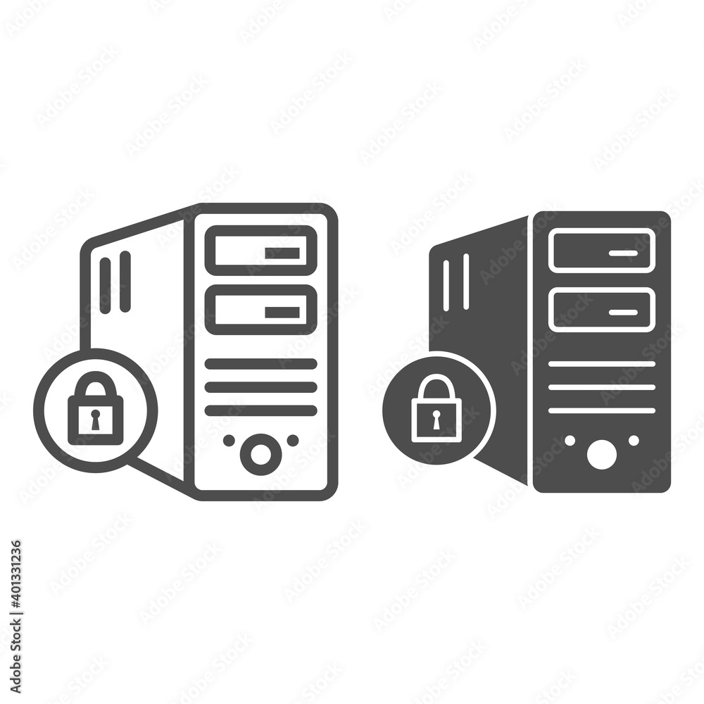 Poster computer and lock line and solid icon, black bookkeeping concept, closed server sign on white backgr