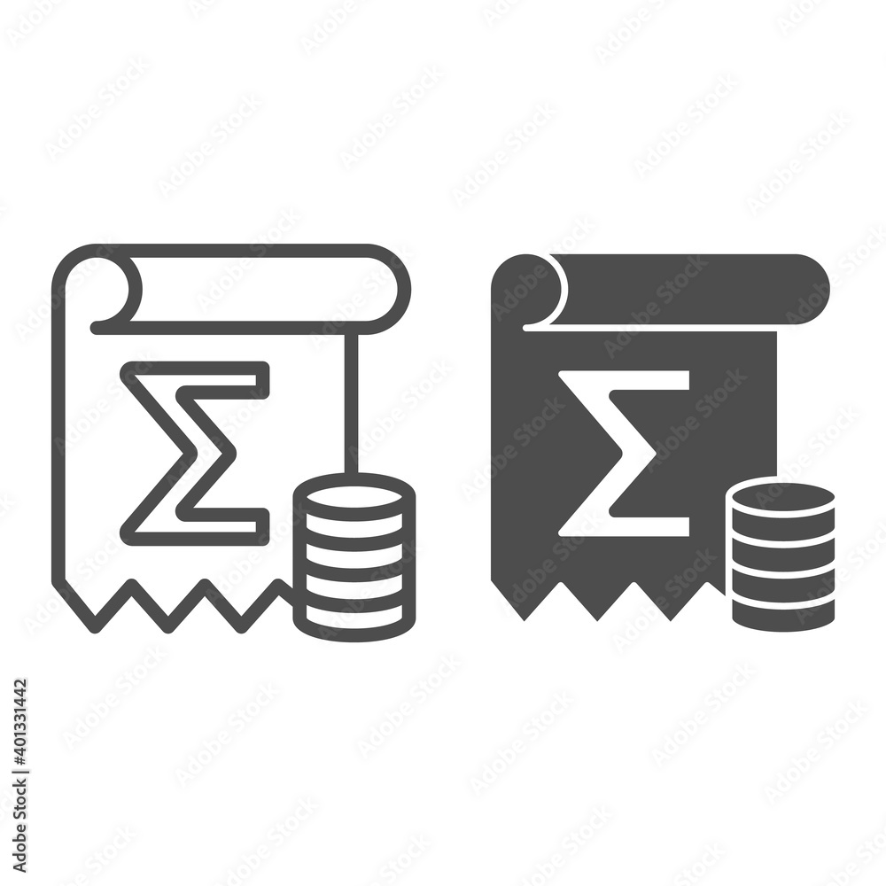 Poster coin summary line and solid icon, black bookkeeping concept, finance calculation sign on white backg