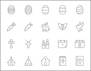 Set of easter and christianity line style. It contains such Icons as eggs, religion, bunny, gifts, spring, rabbit, celebration, decoration, church and other elements.
customize color, easy resize.